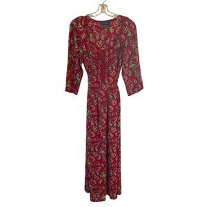APRIL CORNELL Red + Green Floral Print 3/4 Sleeve Cottagecore Maxi Dress Medium